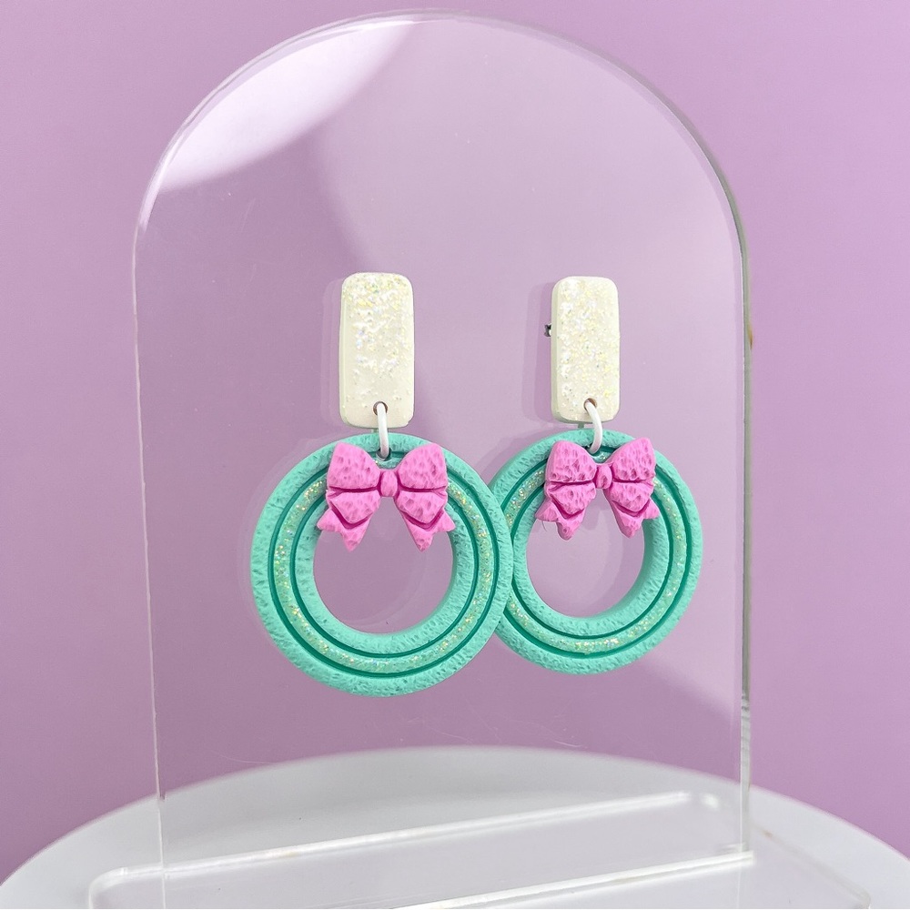 Christmas Wreath Design Handmade Polymer Clay Dangle Earrings Top Bow